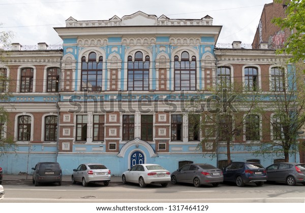 Krasnoyarsk, Krasnoyarsk Region / RF - May\
15, 2017: The building of the Women\'s Diocesan School, built in\
1909 by the project of the Krasnoyarsk architect V.А. Sokolovsky.\
Monument of\
architecture.