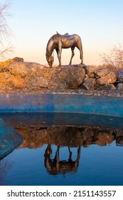 Krasnoyarsk, Russia - April 12, 2020: Sculpture Of White Horse Installed In Honor Of The Founder Of The City Andrey Dubensky On The Embankment Of The Yenisei River