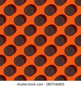 Krasnoyarsk, Russia, August 30, 2020. Oreo Cookies. Seamless Symmetrical Texture With Hard Shadows. Pattern On A Red Background.