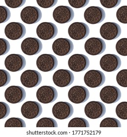 Krasnoyarsk, Russia, July 5, 2020. Oreo cookies. Seamless symmetrical texture with hard shadows. Diagonal. White background