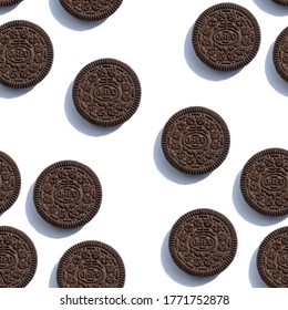 Krasnoyarsk, Russia, July 5, 2020. Asymmetric Seamless Texture With Oreo Cookies. Template