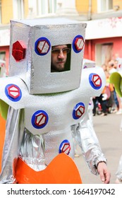 Krasnoyarsk, Russia, June 15, 2013. Carnival procession of people in theatrical costumes of a astronauts.