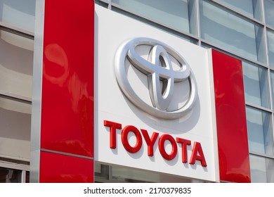 Krasnoyarsk, Russia - June 19, 2022: Close-up Toyota Brand Logo On Wall Building.