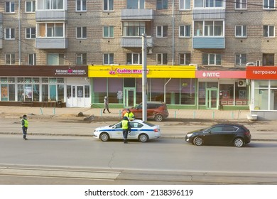 Krasnoyarsk, Russia - March 19, 2022: Traffic Police Officers On Duty On A City Street. Road Patrol Crew