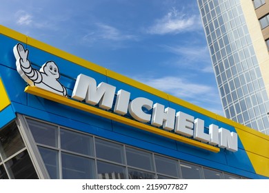 Krasnoyarsk, Russia - May 19, 2022: Close-up Of Michelin Logo On The Facade Of The Building. Michelin Is A French Multinational Tyre Manufacturing Company