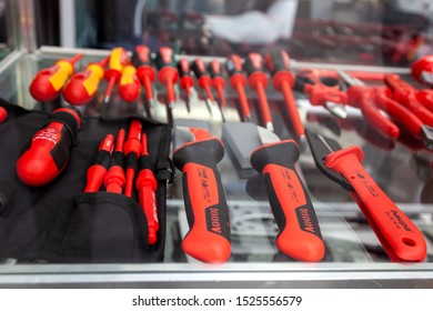 Krasnoyarsk, Russia, September 2019. Exhibition of electrical equipment, tool stand for electrical installation works, HAUPA Group of Companies