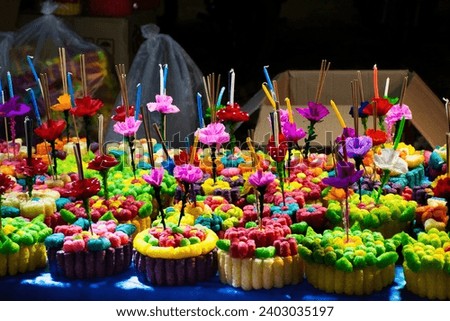 Krathong made from fish food for thai people select buy into float ritual vessel at river for forgiveness from Ganges angel or Khongkha Goddess of water in Loy Krathong festival in Nonthaburi Thailand