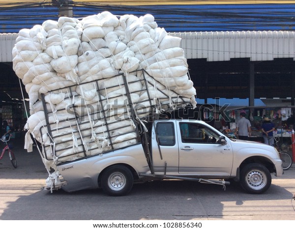 Krathumbaen, Samut Sakhon,Thailand-February 20,2018:This pickup truck stores all of the items so overweight, causing the truck to separate from the rest of the driver.The accident happened.