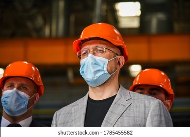 KREMENCHUG, UKRAINE - JULY 28, 2020: Prime Minister Of Ukraine Denys Shmyhal  During A Visit To The Car-building Plant