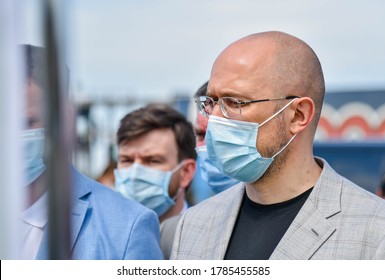 KREMENCHUG, UKRAINE - JULY 28, 2020: Prime Minister Of Ukraine Denys Shmyhal  During A Visit To The Car-building Plant