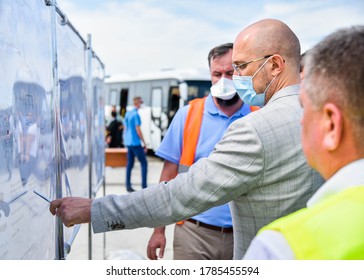 KREMENCHUG, UKRAINE - JULY 28, 2020: Prime Minister Of Ukraine Denys Shmyhal  During A Visit To The Car-building Plant