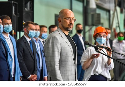 KREMENCHUG, UKRAINE - JULY 28, 2020: Prime Minister Of Ukraine Denys Shmyhal  During A Visit To The Car-building Plant