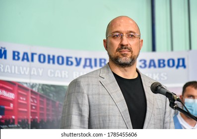 KREMENCHUG, UKRAINE - JULY 28, 2020: Prime Minister Of Ukraine Denys Shmyhal  During A Visit To The Car-building Plant