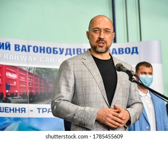 KREMENCHUG, UKRAINE - JULY 28, 2020: Prime Minister Of Ukraine Denys Shmyhal  During A Visit To The Car-building Plant