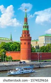 Kremlin across Moskva river with excursion boat, Moscow, Russia