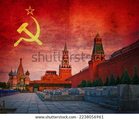 The Kremlin and Red Square in Moscow on the background of the USSR flag. Historical background on the theme of communism, revolution, cold war, socialism, etc. Moscow, Russia.