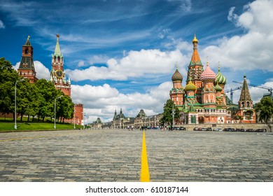 Kremlin, St. Basil Cathedral from Vasilevsky Descent in Moscow