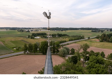 Krimulda Evangelical Lutheran Church tower with rooster, close-up, Latvia, aerial view - Powered by Shutterstock