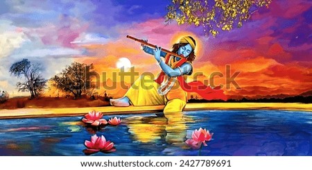 Krishna with Flute and sunset in background.