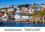 Kristiansund cityscape, coastal Norwegian town with colorful wooden houses and footbridge