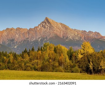 Krivan mountain in High Tatras, Slovakia, region Liptov. In colorful autumn nature. Colorful autumn landscape in foreground
