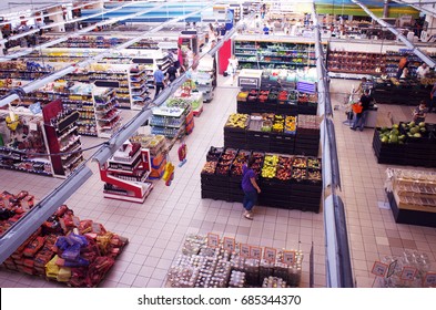 KRIVOY ROG, UKRAINE, On June 27, 2017. Silpo Supermarket. Department In The Hypermarket, View From Above. 