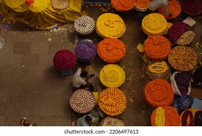 K.R.Market,Bengaluru, India -14-08-2022:Top View Of Flower Vendor With Flowers To Sell.Different Flowers Mala