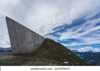 Kronplatz, Italy. August 2, 2017. Famous Mountain And Climbing Museum By Reinhold Messner. Architecture By Zaha Hadid. Modern Mountain Architecture.