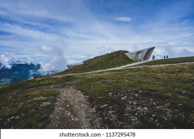 Kronplatz, Italy. August 2, 2017. Famous Mountain And Climbing Museum By Reinhold Messner. Architecture By Zaha Hadid. Modern Mountain Architecture.