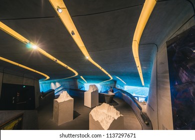 Kronplatz, Italy. August 2, 2017. Interior Of Famous Mountain And Climbing Museum By Reinhold Messner. Architecture By Zaha Hadid. Modern Mountain Architecture.