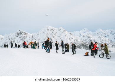 KRONPLATZ, SOUTH TYROL, ITALY - NOVEMBER 20, 2019: People Walking On Kronplatz (2,275 Metres) - Ski Resort In Italian Dolomites During Sunny Day