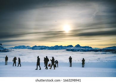 KRONPLATZ, SOUTH TYROL, ITALY - NOVEMBER 20, 2019: People Walking On Kronplatz (2,275 Metres) - Ski Resort In Italian Dolomites During Sunny Day