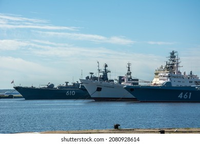 Kronstadt, Russia – June 17, 2021 -  Russian Navy Ships Docked In Kronstadt On Kotlin Island