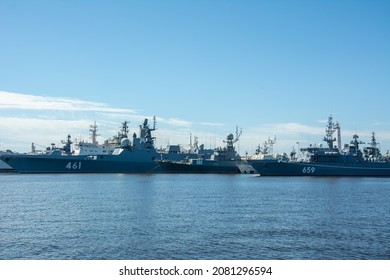 Kronstadt, Russia – June 17, 2021 -  Russian Navy Ships Docked In Kronstadt On Kotlin Island