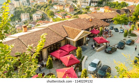 Kruje / Albania - Sunday, ‎May ‎20, ‎2018: Arial Shot Of Front Entry In The Castle Of Kruja. Restaurants, People, Shops, Craftsman, Antique. 