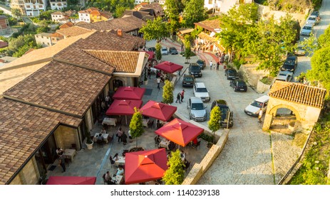 Kruje / Albania - Sunday, ‎May ‎20, ‎2018: Arial Shot Of Front Entry In The Castle Of Kruja. Restaurants, People, Shops, Craftsman, Antique. 