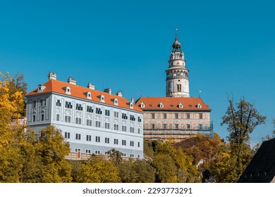 český krumlov, Czech republic. Castle tower from the patio of State Castle, the most famous symbol of Cesky Krumlov, South Bohemia