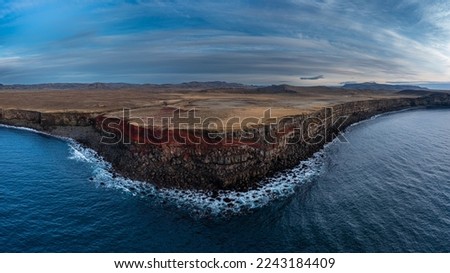 Krysuvikurberg cliffs red layers aerial view on the Reykjanes peninsula in autumn, Iceland, 16:9 panorama