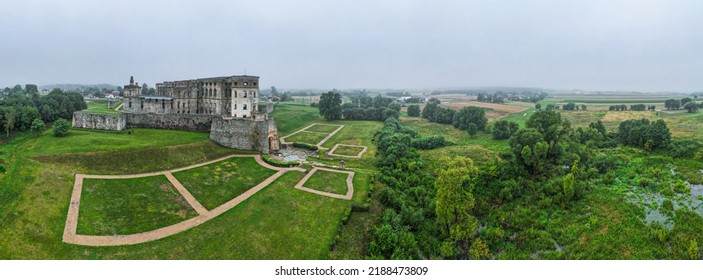 Krzyztopor castle ruins in Ujazd, Poland. Aerial drone view.