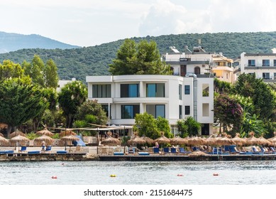 Ksamil, Albania - September 9, 2021: View Of The Manta Resort And Other Hotels In Ksamil, Albania. Beautiful Destinations. Traveling Concept Background.