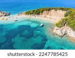 Ksamil beaches. Four islands. The bay. Ksamil. Albania. Sandy embankment. The Ionian Sea. The Tetran Islands archipelago. An uninhabited island. View from above. Drone shooting