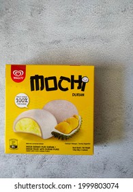 Kuala Kangsar, Perak Malaysia-June 30,2021: Frozen Walls Mochi Durian 4 Pieces On Grey Background. It's Certified Halal By JAKIM.