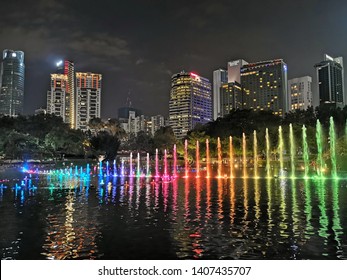 Kuala Lumpur, 12th May 2019 - Beautiful night photo of tourist attraction KLCC (Kuala Lumpur City Center) Lake Symphony Light and Sound Water Fountain in Malaysia