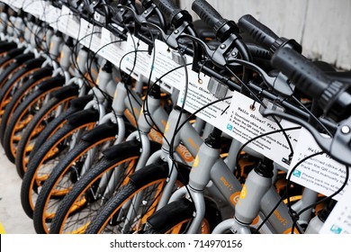 KUALA LUMPUR - AUG 16, 2017: OBike Bike Sharing Bicycles In Jalan Bukit Bintang, KL. OBike Provides The Biggest Stationless Bike Sharing Facilities In Malaysia. 