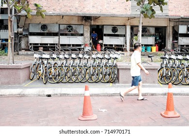 KUALA LUMPUR - AUG 16, 2017: OBike Bike Sharing Bicycle In Jalan Bukit Bintang, KL. OBike Provides The Biggest Stationless Bike Sharing Facilities In Malaysia. 
