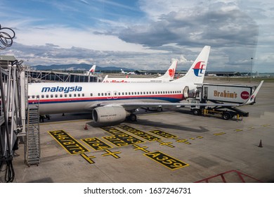 Kuala Lumpur, Circa 2020 - Airplane Boeing 737-800 Of Malaysia Airlines Is Ready For Boarding As Brahim's, The Airline Catering Company Prepares The Plane For The Next Flight.