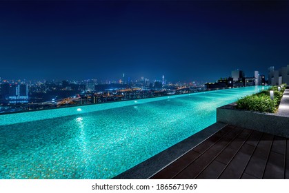 Kuala Lumpur. The City Of Malaysia. 13 November 2020. Luxury Condo at Desa Petaling.  Skylounge infinity pool on rooftop with beutiful cityscape night view.
