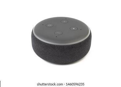 Kuala Lumpur - July 24, 2019 : Amazon Echo Dot Loudspeaker Alexa Voice Service activated recognition system on white background