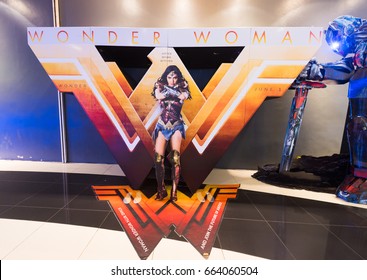 KUALA LUMPUR - JUNE 16, 2017: A Poster Of Wonder Woman In Pavilion Movie Theater. Wonder Woman Is A 2017 American Superhero Film Distributed By Warner Bros Pictures