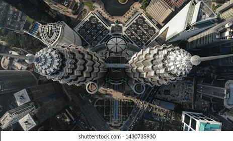 KUALA LUMPUR - JUNE 22, 2019 : Top Aerial View KLCC Or Petronas Twin Tower Citycape In Kuala Lumpur